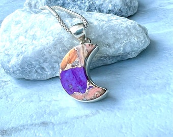 CRESCENT MOON Solid 925 Silver Natural Spiny Oyster and Copper Purple Turquoise Pendant, Arizona Turquoise, 925 Sterling Silver Necklace #4
