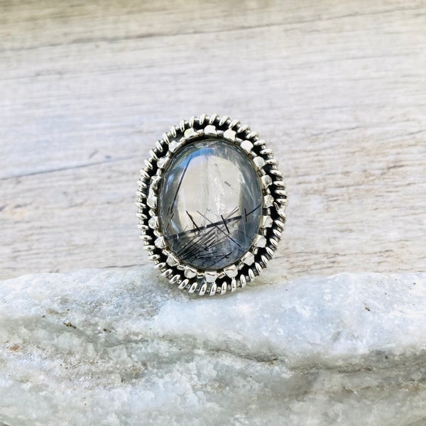 LARGE BRING Size 8 Natural Black Tourmaline in Quartz Ring, Tourmalinated Quartz Ring, 925 Sterling Silver Ring, Natural Crystal Ring