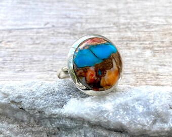 Sterling Silver Copper Turquoise Ring with Spiny Oyster, Size 6.5
