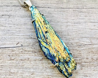Rainbow Aura Kyanite Pendant Necklace, Raw Black Kyanite, Sterling Silver