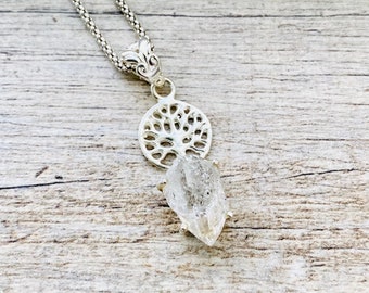 Herkimer Diamond Tree of Life Pendant, Sterling Silver Necklace