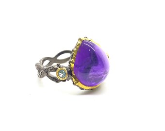 STATEMENT RING Size 9 Natural African Amethyst and Blue Topaz Ring, Black Rhodium Yellow Gold 925 Sterling Silver Ring, Natural Crystal Ring