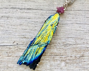 Rainbow Aura Kyanite Pendant, Pink Tourmaline, Sterling Silver Necklace