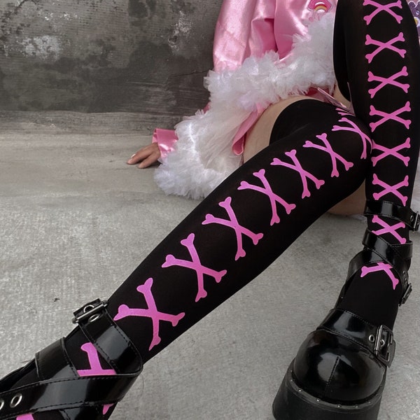 One Size Pink Bow Bones Tights, Thigh High Stockings Socks, Y2K Egirl Lolita Emo Alternative