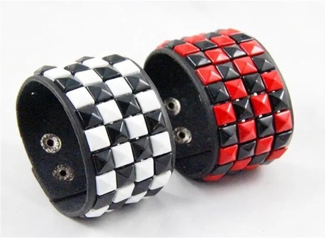 4 Row Checkered Pyramid Stud Leather Adjustable Bracelet Cuff, Emo Scene Punk Gothic Alternative Rock Accessory [2 COLORS]