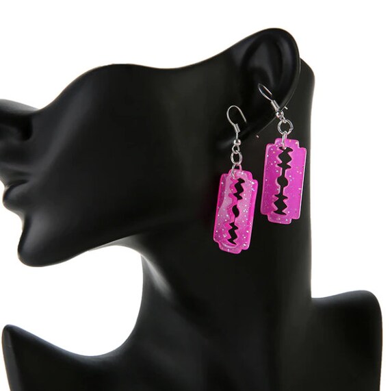 Glitter Resin Razor Blade Dangle Earrings, Emo Scene Alternative Jewelry [10 Colors]