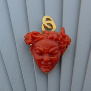 genuine Coral pendant set in 18k yellow Gold, beautiful red carved pendent, Japan Coral, unique gift for her, carved face, OOAK