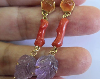 Pendientes colgantes de oro macizo de 18 k, engastados con cornalina hexagonal naranja, coral, hoja de amatista,