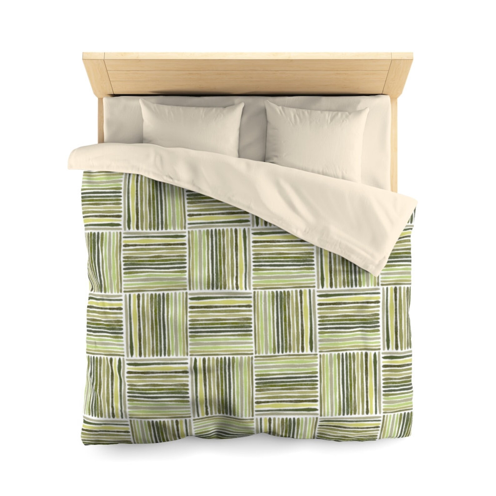 Duvet Cover Green Beige Cream Unique Design Plaid Striped Etsy