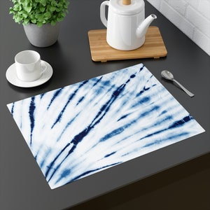 Navy Tie Dye Cotton Placemat | Blue Vintage Table Mat | Kitchen Dining Tableware Orange Tan and Blue Mexican Print