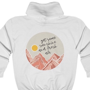 Happy Camper hoodie Fresh air and sunshine self care quote mountains painting two sided Unisex Heavy Blend Hooded Sweatshirt