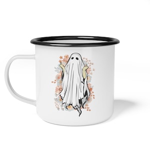 Spooky season retro ghost Enamel Camp Cup | Flipping off ghost enamel rolled Steel Coffee Mug