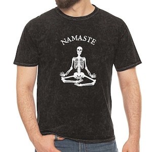 Skeleton Yoga Halloween Funny Unisex Mineral Wash T-Shirt | Funny Spooky Season Meditating Tees