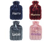 Personalised Hot Water Bottle with Plush Faux Fur Pom Poms 2 Litre Bottle