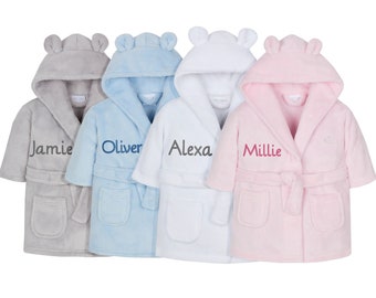 Personalised Embroidered Baby Robe Dressing Gown Towel Hat Toddler Gift Boy Girl Pink Blue White Soft Cosy Present Prince Princess