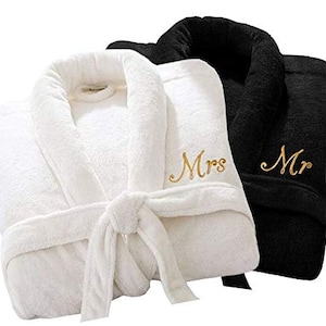 2 x Personalized Luxury Bath Robe His Hers/Mr Mrs 100% Cotton Terry Towel Bathrobes Extra Absorbent Bath Shower Anniversary Wedding Gift