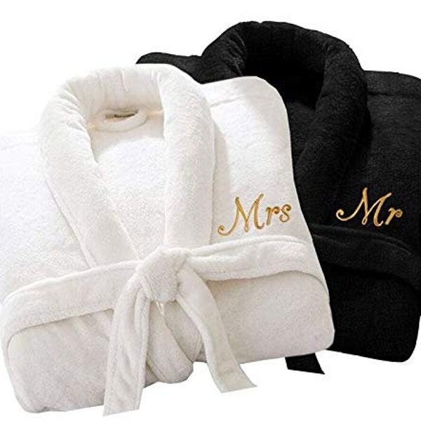 2 x Personalized Luxury Bath Robe His Hers/Mr Mrs 100% Cotton Terry Towel Bathrobes Extra Absorbent Bath Shower Anniversary Wedding Gift