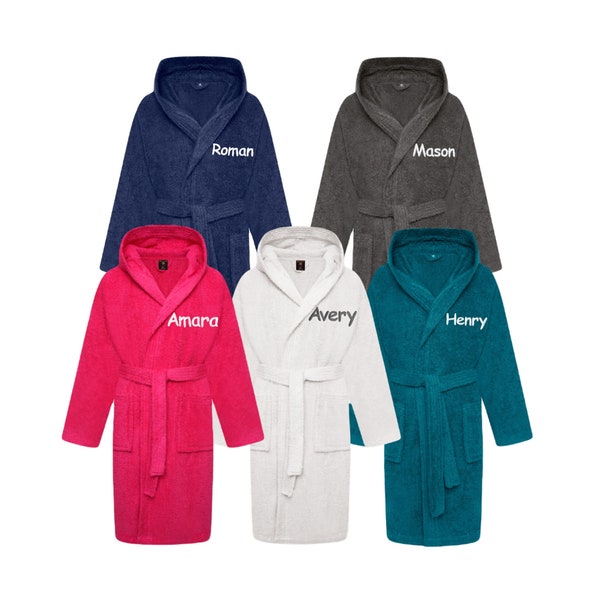 Personalised Boys & Girls 100% Cotton Hooded Bathrobe Kids Toweling Bath Robe Children's Dressing Gown Sizes 2-14 Years