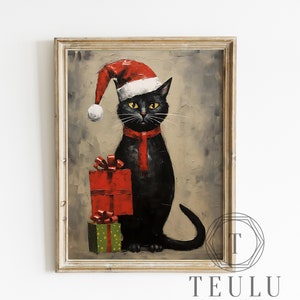 Winterwunderland Schwarze Katze Wandbild, Katzenliebhaber Weihnachtsdekor, Festliches druckbares Poster, Tierliebhaber Geschenkidee Schwarze Katze Kunstdruck