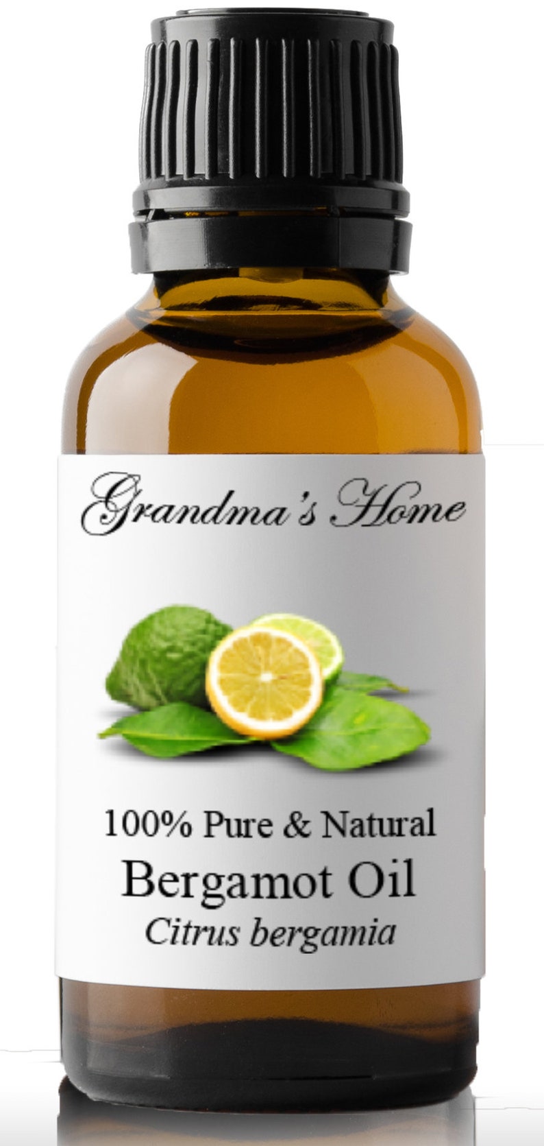 May include: A brown glass bottle with a black cap, labeled "Grandma's Home 100% Pure & Natural Bergamot Oil Citrus bergamia". The label also features a green bergamot fruit and a slice of lemon.