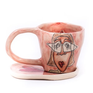 Woman with glasses Cute espresso cup and saucer, Espresso mug ceramic cup handmade, Personalized coffee cup for mom, Cute gift for women image 1