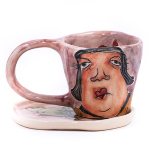 Keramische espressokop met handvat, espressomok en schotel, mok van aardewerk handgemaakt, handgeschilderd espressokopje, mok moderne kunst, gepersonaliseerd