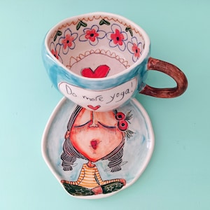 Yoga pottery mug handmade unique, Yoga gift for teacher, Whimsical ceramic tea cup with saucer, Meditation coffee mug, Zen artwork, Yogi
