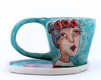 Cute espresso cup and saucer, Espresso mug ceramic cup handmade, Personalized coffee cup for mom, Cute gift for girlfriend for women