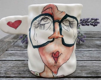 Cute girly coffee mug, handmade and hand painted ceramic art. Cute gift idea for her, customizable coffee cup!