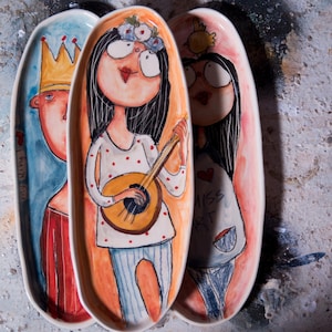 Cute ceramic platters (2 designs/medium size) -handmade/hand-painted/durable serving platters. Collections: My fairytale and Miss Art