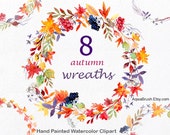 Autumn wreaths watercolor clipart, commercial use floral leaves wreath flower leaf fall foliar foliage circle red yellow orange leaves folio