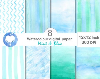 Digital Watercolor Paper Mint and Blue  Commercial use abstract  background overlay hand-painted ombre - turquoise white green light - jpg