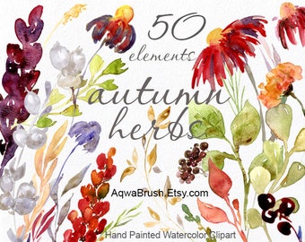 Autumn herbs Watercolor clipart - Commercial use clip art - flowers leaves autumn fall summer - yellow orange brown floral boho plant - png