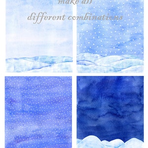 Snowing Watercolor clipart border and background Commercial use winter snow christmas new year landscape scene blue white hill digital png image 5