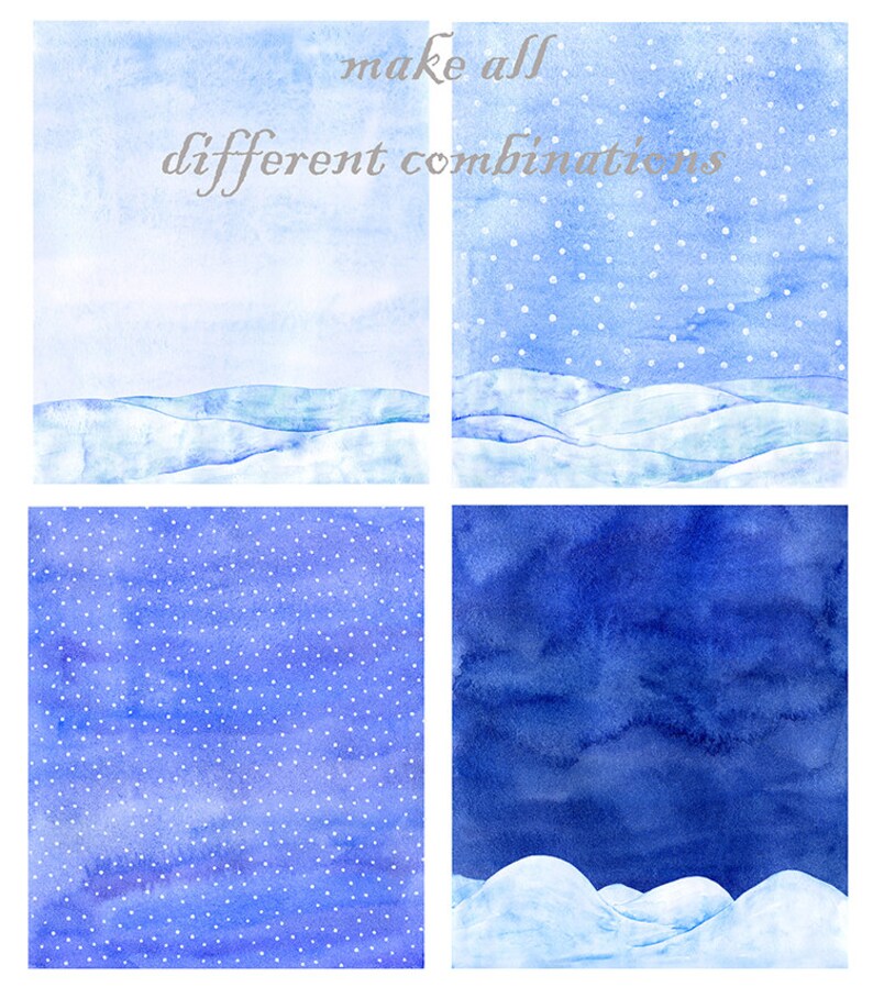 Snowing Watercolor clipart border and background Commercial use winter snow christmas new year landscape scene blue white hill digital png image 5