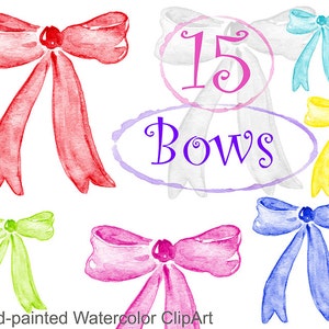 Op de afbeelding: Waterverf clipart met 15 strikken in verschillende kleuren, waaronder rood, groen, roze, blauw en geel. De strikken zijn handgeschilderd met een zacht, doorschijnend effect. De tekst luidt "15 Bows" en "Hand-painted Watercolor Clipart".