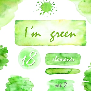Könnte beinhalten: Ein Set mit 18 grünen Aquarell-Elementen, darunter abstrakte Formen, Spritzer und ein Banner mit dem Text "I'm green". Der Text "elements" und "vet 2" ist ebenfalls enthalten.