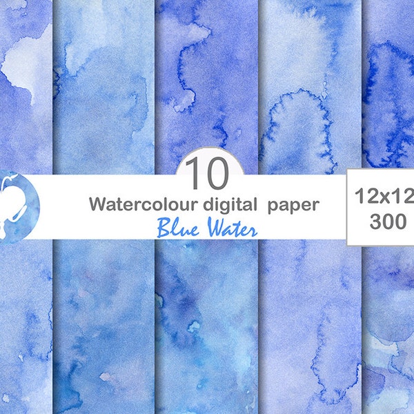 Watercolor Digital Paper - Blue Water, commercial use digital background blue sky sea marine, watercolor wash painted texture scrapbooking