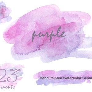 Puede incluir: Un conjunto de 23 elementos de clipart de acuarela en tonos de morado y rosa. Los elementos incluyen flores, formas abstractas y texto que dice "purple".