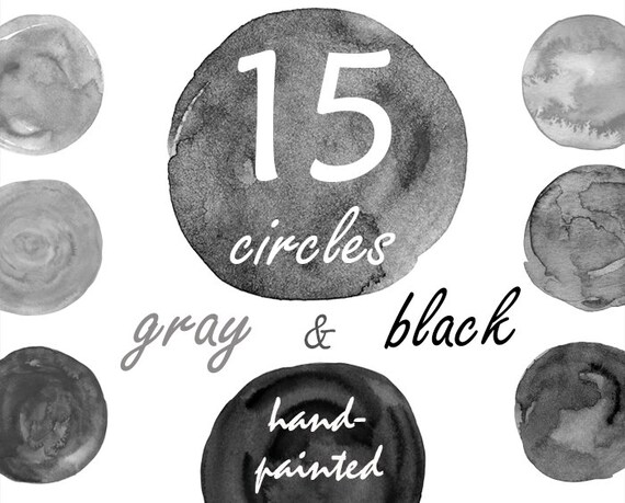 Watercolor circles Gray & Black Commercial use clipart background grey dark hand-painted digital circle round form overlay logo blog web png