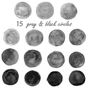 Peut inclure: 15 cercles d'aquarelle gris et noirs. Les cercles sont de tailles diff&eacute;rentes et ont un aspect l&eacute;g&egrave;rement textur&eacute;.
