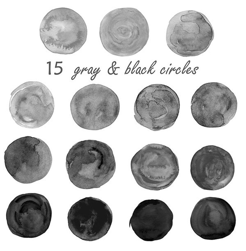 Peut inclure: 15 cercles d'aquarelle gris et noirs. Les cercles sont de tailles diff&eacute;rentes et ont un aspect l&eacute;g&egrave;rement textur&eacute;.