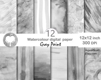 Gray Paint Digital Watercolor Paper - Commercial use hand painted striped brush stroke abstract background overlay ink gradient ombre washy