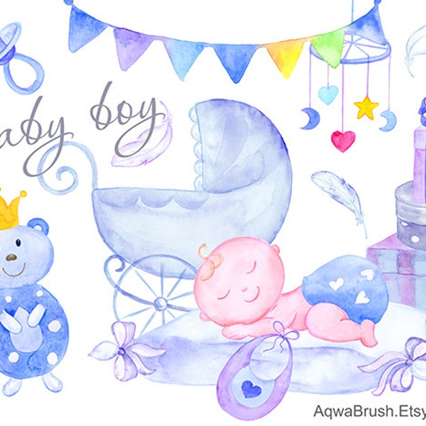 Baby Boy Watercolor Clipart - Commercial use hand painted Baby shower DIY Cute New Baby born invitation romantic teddy bear carriage png