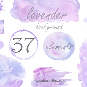 Peut inclure: Un ensemble de 37 éléments de fond aquarelle lavande. Les éléments sont de formes et de tailles variées, y compris des cercles, des carrés et des rectangles. Les couleurs sont des nuances de violet et de bleu.
