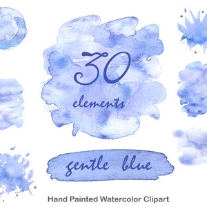 May include: A set of 30 hand-painted watercolour clipart elements in shades of blue. The elements include circles, splatters, and stripes. The text "gentle blue" is written in blue watercolour.