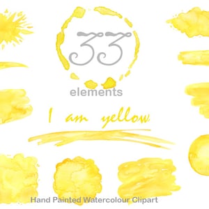 以下が含まれることがあります： 手描き水彩の黄色い要素33個のセット。要素には、円、正方形、長方形、抽象的な形が含まれています。テキスト「私は黄色です」はグレーで書かれています。