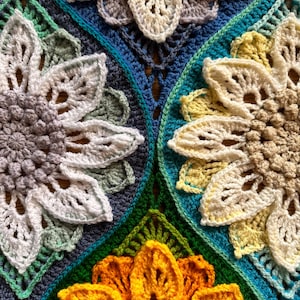 Op de afbeelding: Close-up van een gehaakt deken met een kleurrijk bloemenpatroon. Het deken is gemaakt met verschillende tinten blauw, groen, geel en wit garen. De bloemen zijn in een cirkelvormig patroon gerangschikt, wat een prachtig en ingewikkeld ontwerp creëert.