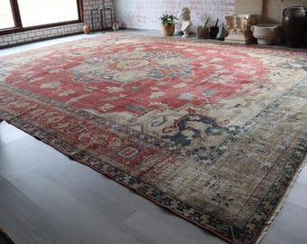 Antique Heriz  Rug from 1900s, Special Ottoman Medallion Low Piled Rug / 13'1''x16'2'' / C-6281