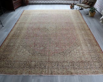 Powder Pink- Beige Rug , Vintage Mute Low Piled Oushak Rug 9'6''x13'5'' / C-6283